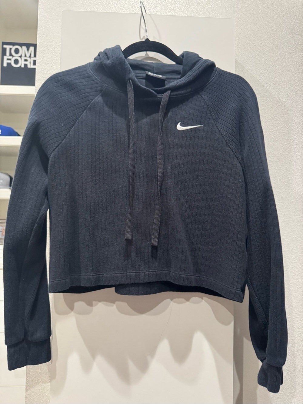 Nike Black Ribbed Cropped Pullover Hoodie